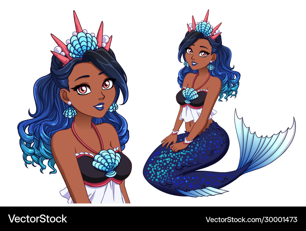 Ziemlich Cartoon Meerjungfrau Prinzessin mit lockig blau Ziemlich Cartoon Meerjungfrau Prinzessin mit lockig blau vektorbild