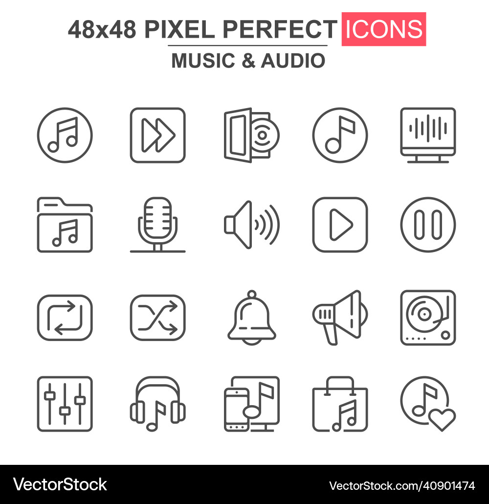 Music and audio thin line icon set player mixer Music and audio thin line icon set player mixer Vector Image