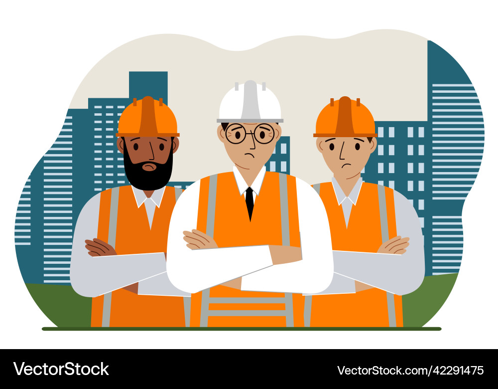 A team of constructors against the backdrop A team of constructors against the backdrop Vector Image