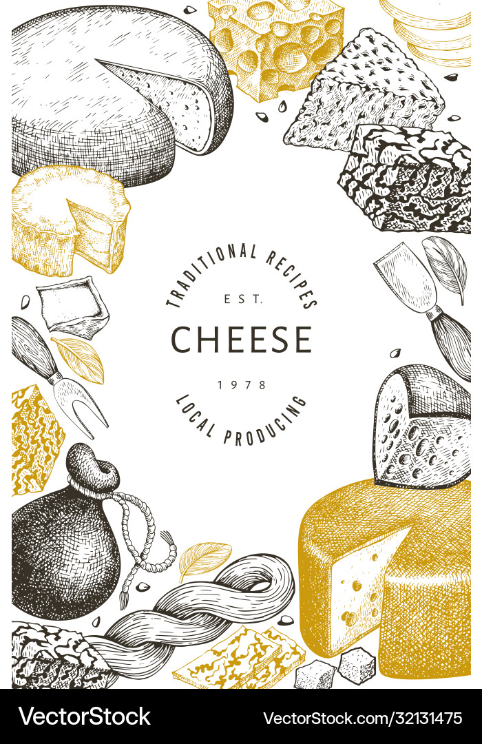 Cheese design template hand drawn dairy engraved Cheese design template hand drawn dairy engraved vector image