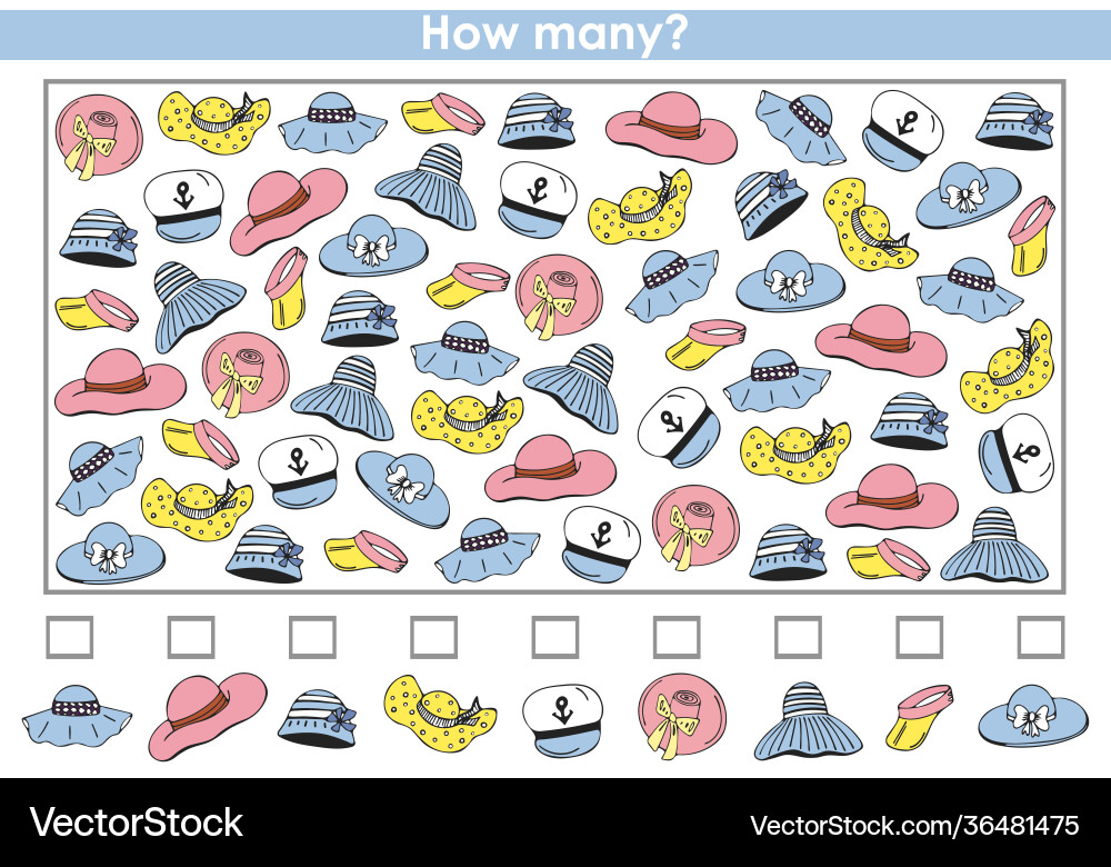 Count how many summer hats counting game Vector Image