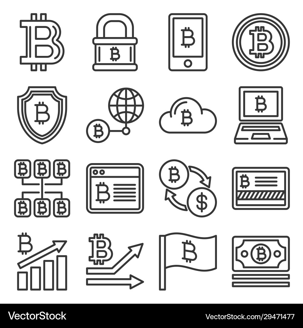 Bitcoin icons set on white background line style vector image