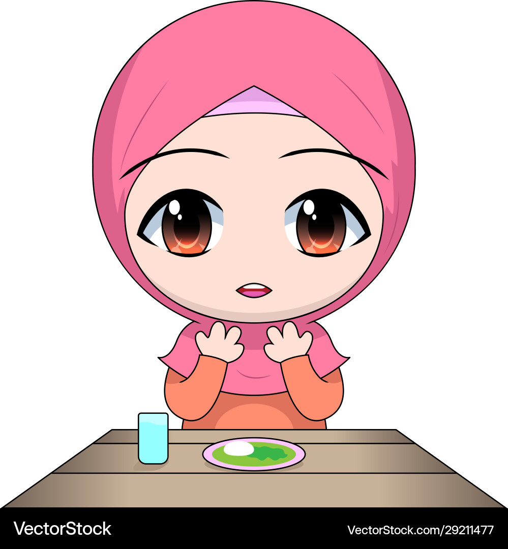 Cartoon chibi muslim woman character pray before Cartoon chibi muslim woman character pray before vector image