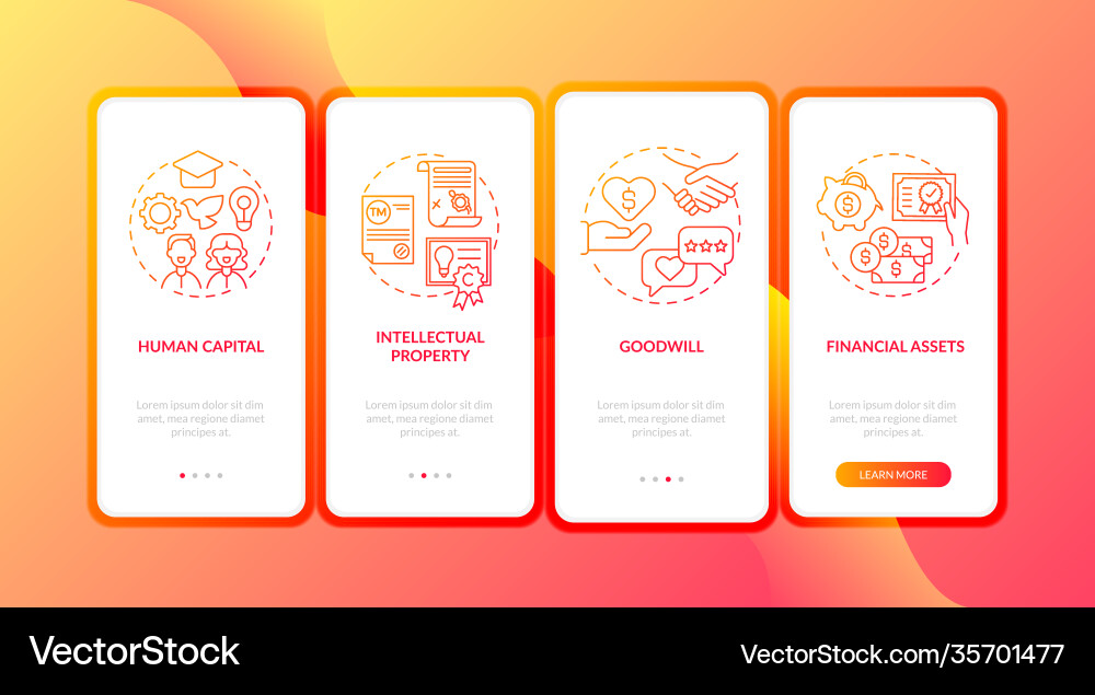 Intangible assets types onboarding mobile app Intangible assets types onboarding mobile app vector image