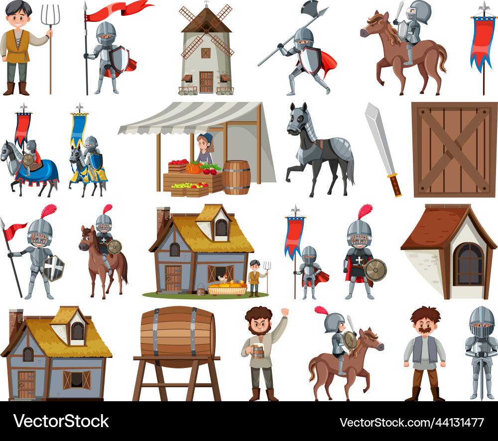 Medieval cartoon characters and objects vector image
