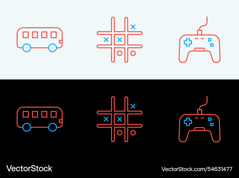 Set line gamepad bus toy and tic tac toe game icon Set line gamepad bus toy and tic tac toe game icon vector image