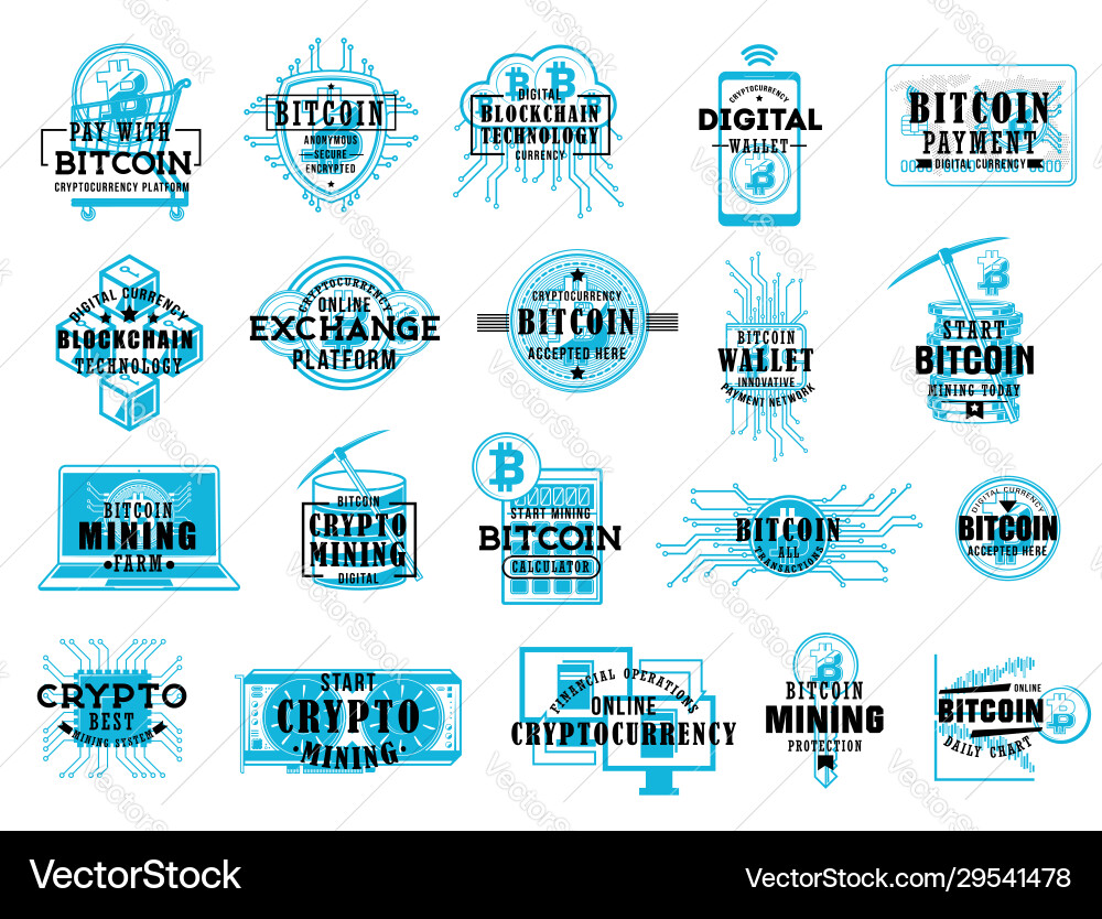 Bitcoin Cryptocurrency Wallet & Blockchain Icons vector image