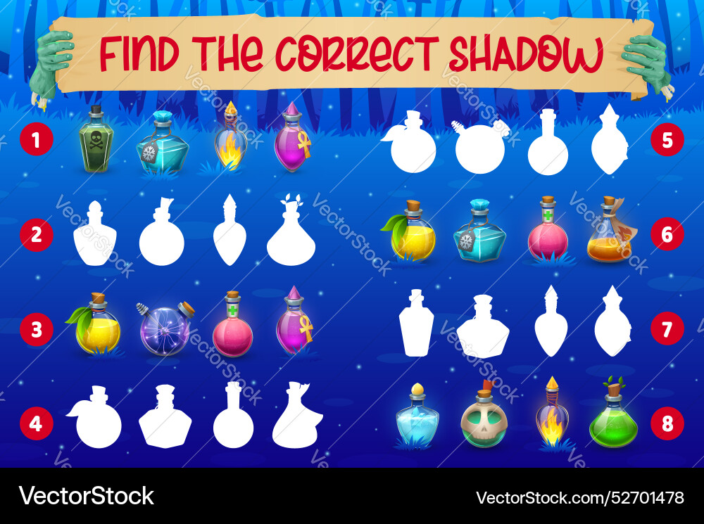 Find correct shadow of magic potion bottles game Find correct shadow of magic potion bottles game vector image