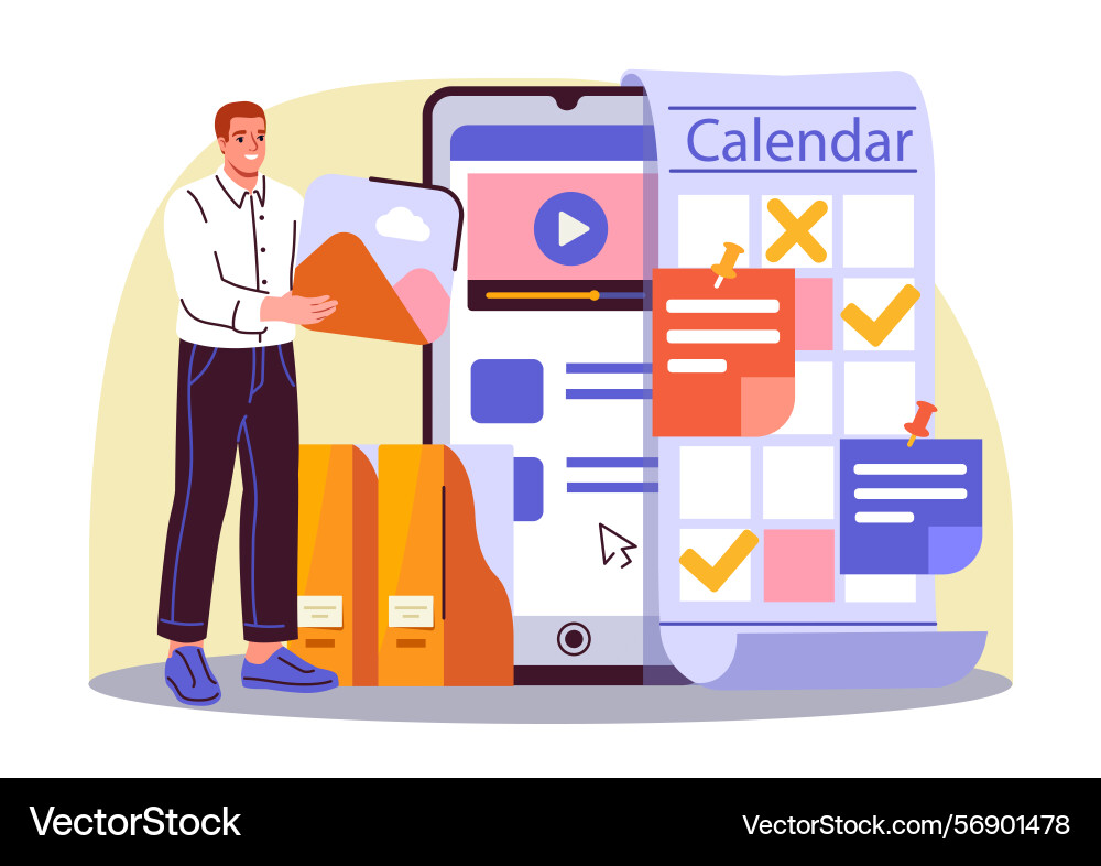 Man planning content with calendar app Man planning content with calendar app vector image