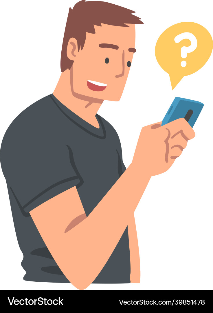 Young man character asking question using internet Young man character asking question using internet vector image
