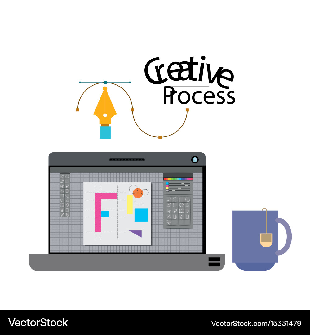Colorful background with laptop computer and mug Vector Image