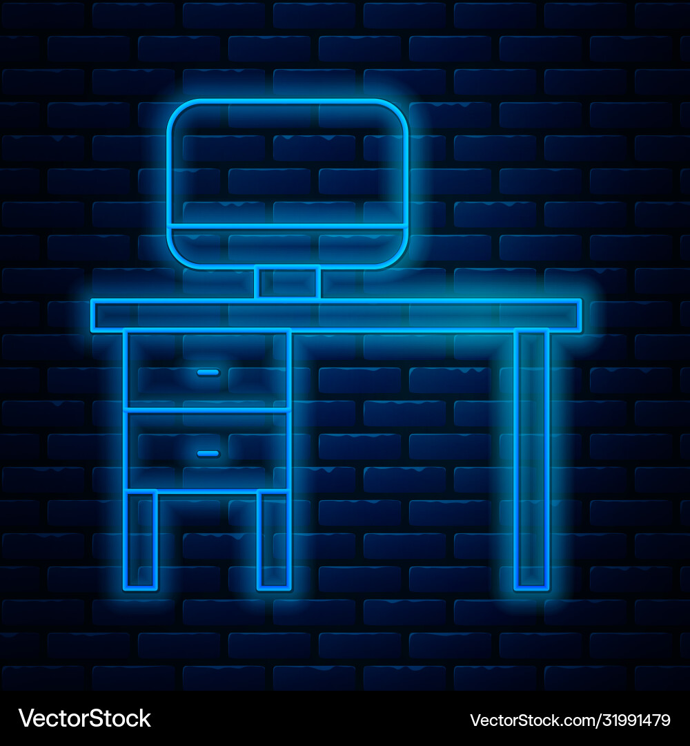 Glowing neon line computer monitor and desk icon Glowing neon line computer monitor and desk icon vector image