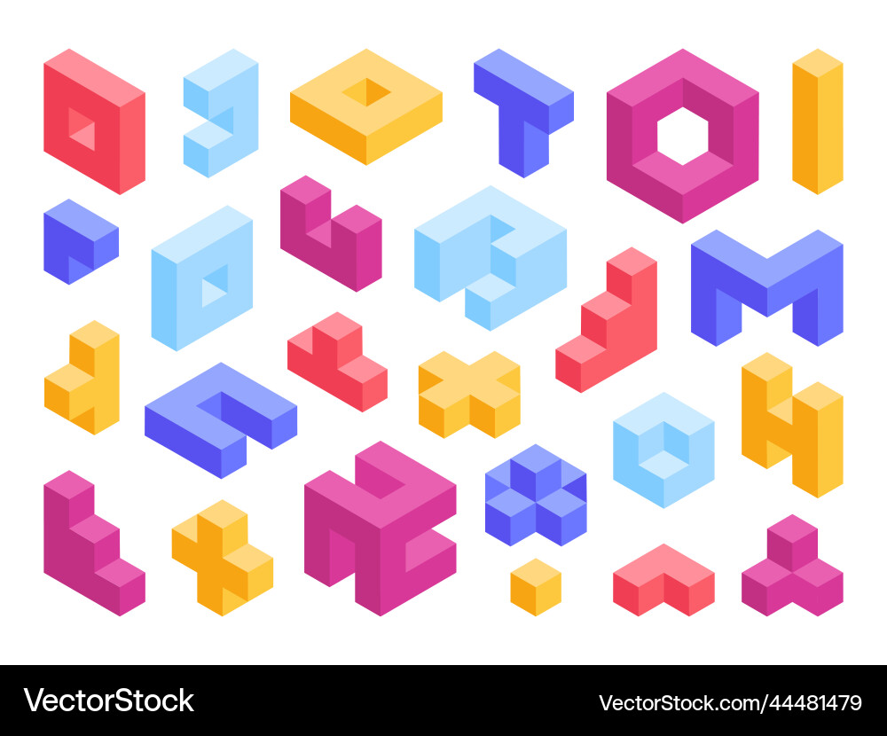 Isometric puzzle game blocks 3d geometric shapes Vector Image