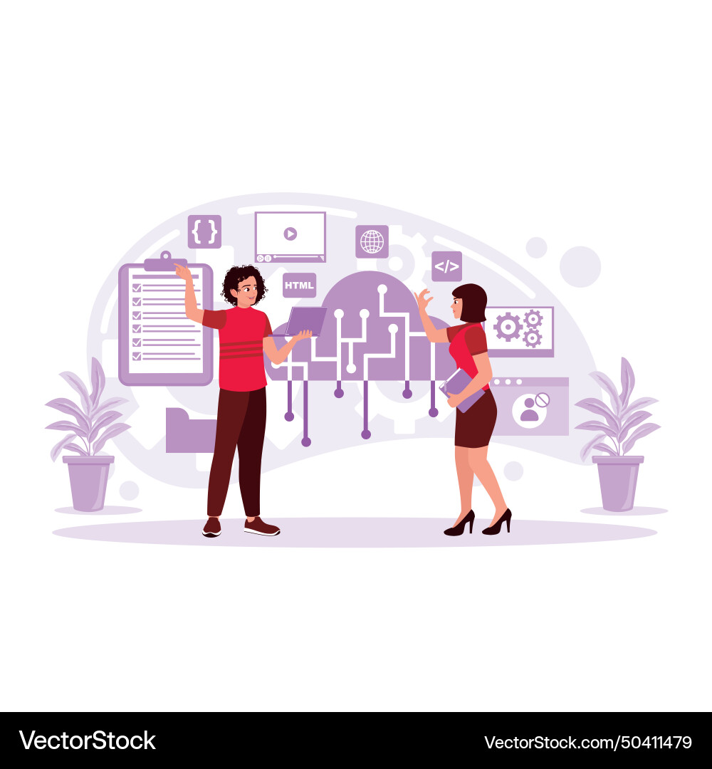 Man and woman on web design development chart Man and woman on web design development chart vector image