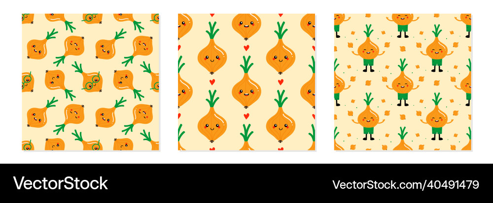 Onion characters seamless patterns set Onion characters seamless patterns set Vector Image