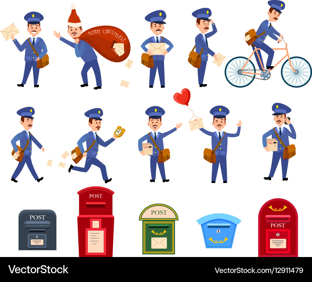 Set of intersting icons with postman characters Vector Image