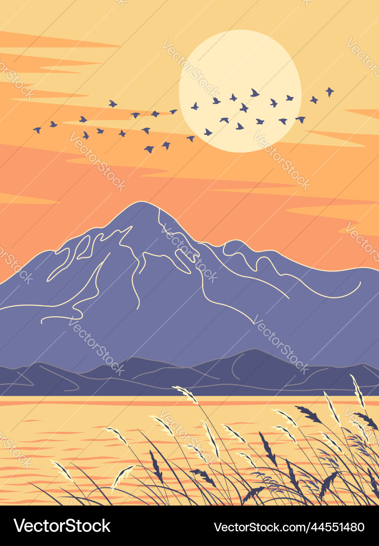 Abendlandschaft mit Bergen und Vögeln Abendlandschaft mit Bergen und Vögeln vektorbild