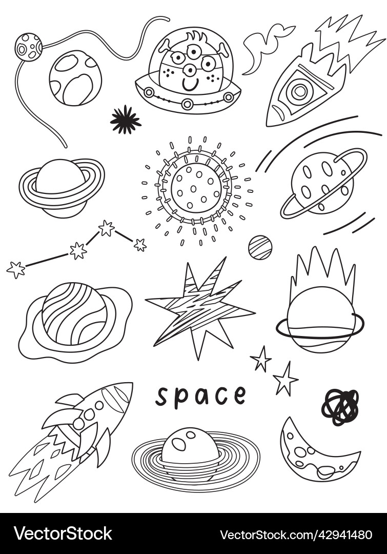 Contour space and planets objects in childish Contour space and planets objects in childish vector image