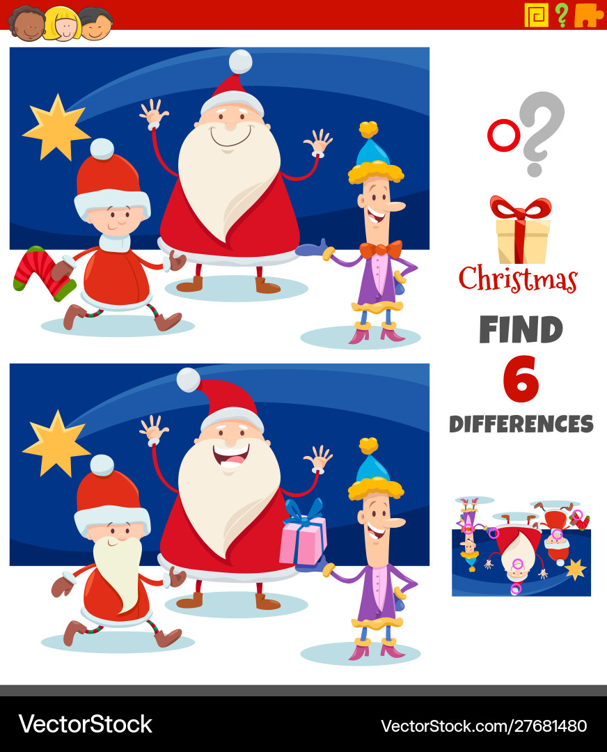 Differences game with christmas characters group Differences game with christmas characters group vector image