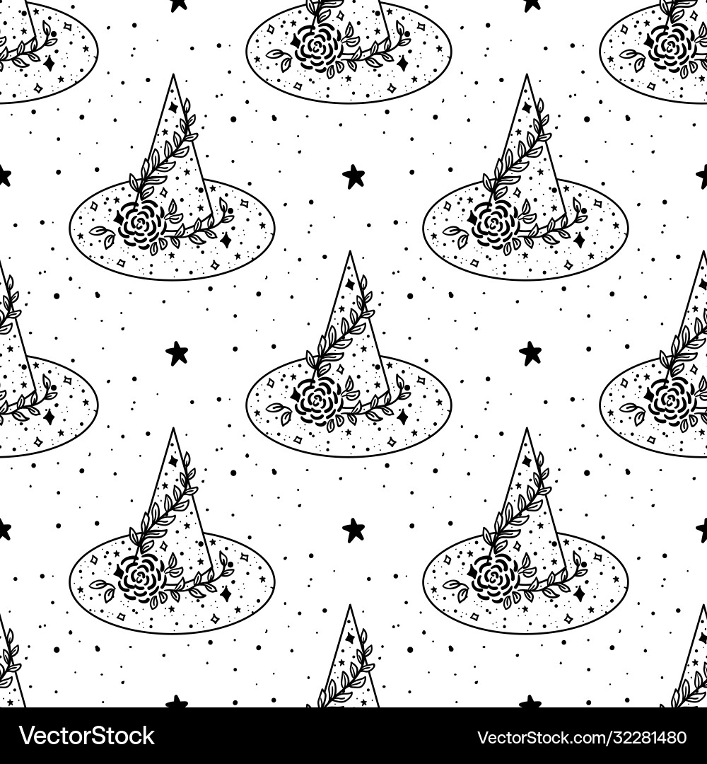 Seamless pattern mystical witch hat with flowers vector image