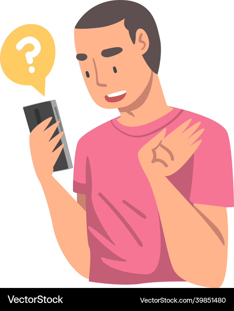 Young man character asking question using internet Young man character asking question using internet vector image