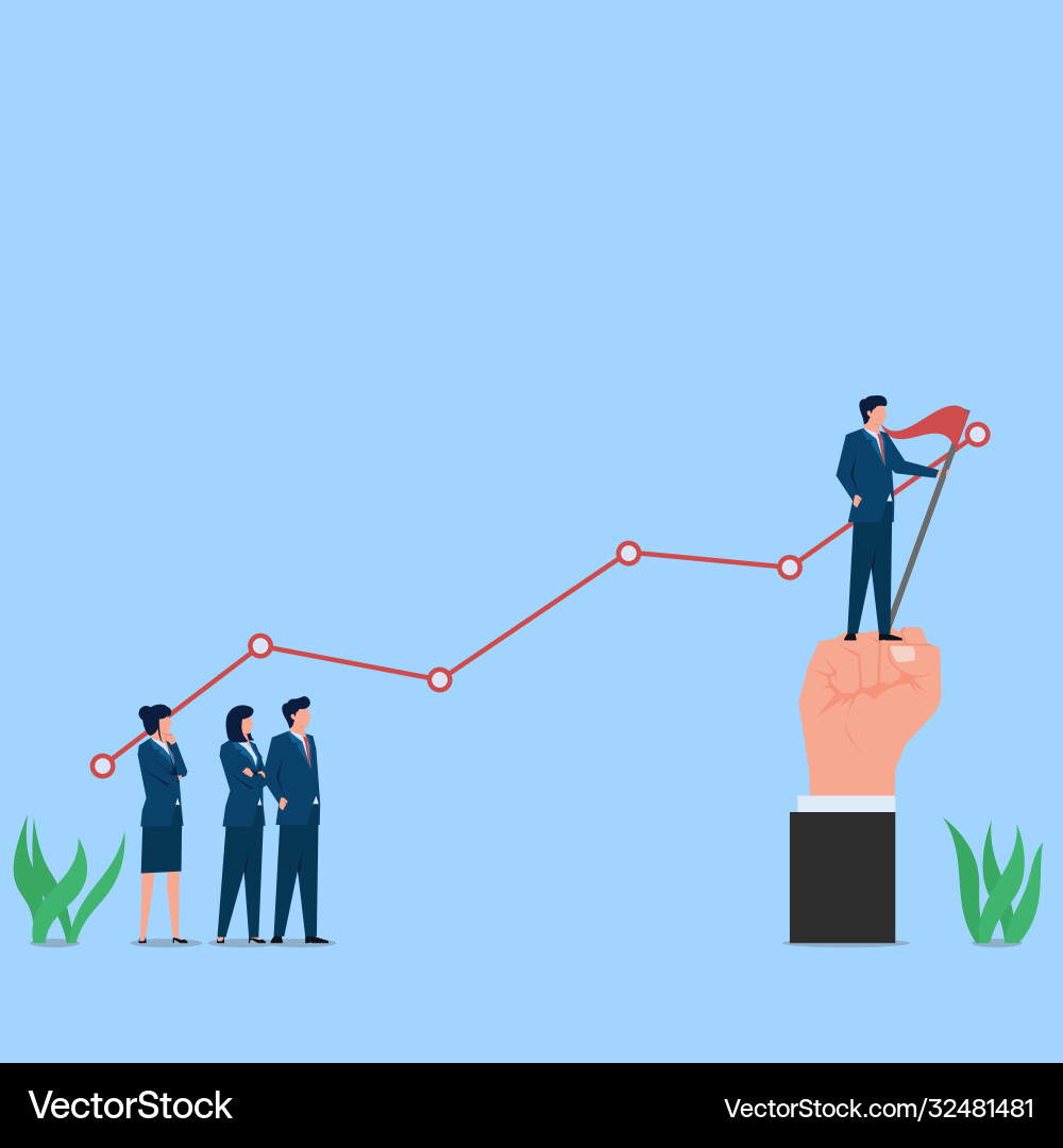 Man stand on edge chart with flag metaphor Man stand on edge chart with flag metaphor Vector Image