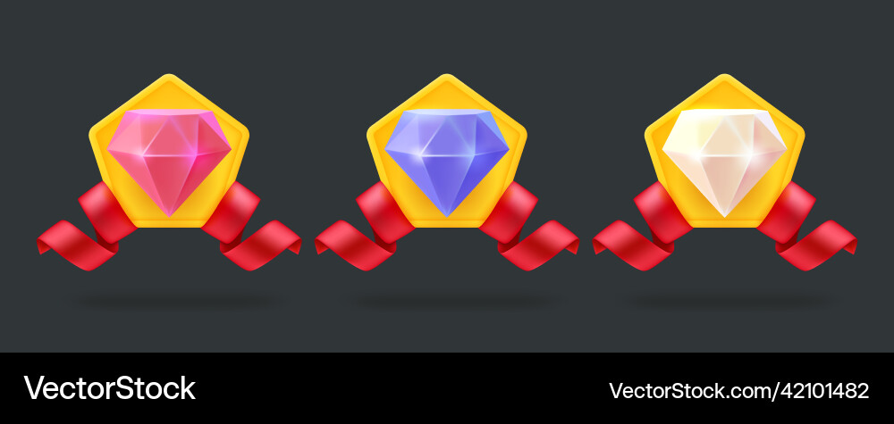 Badges with color gems and ribbons 3d elements set Badges with color gems and ribbons 3d elements set vector image