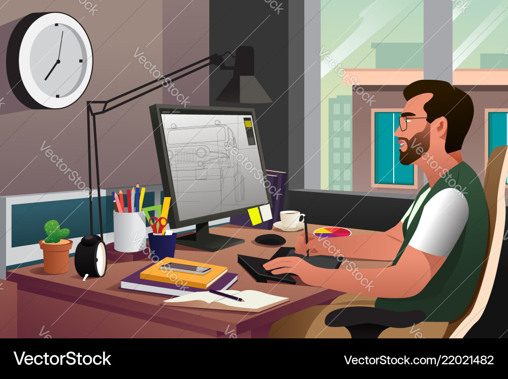 Man Working on Computer vector image