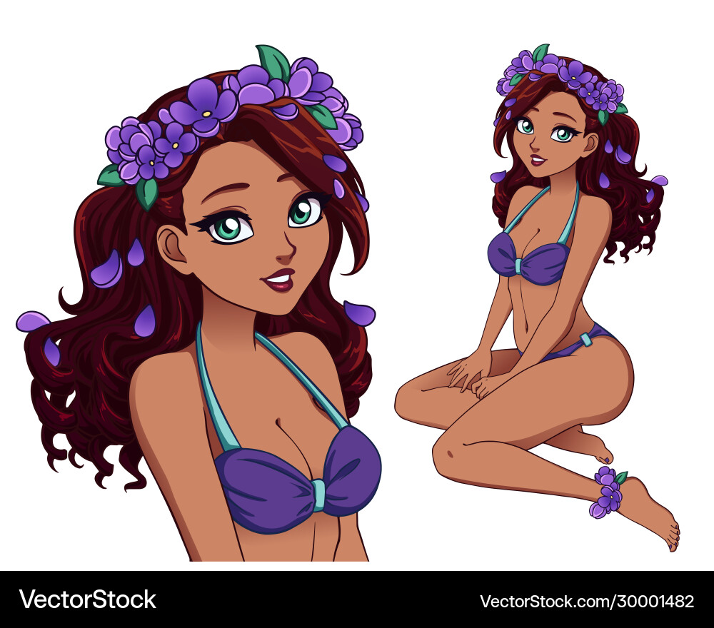 Pretty cartoon girl with curly hair wearing purple Pretty cartoon girl with curly hair wearing purple vector image