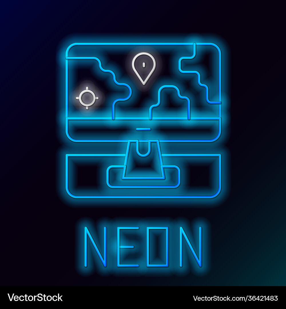 Glowing neon line computer monitor and folded map Glowing neon line computer monitor and folded map Vector Image