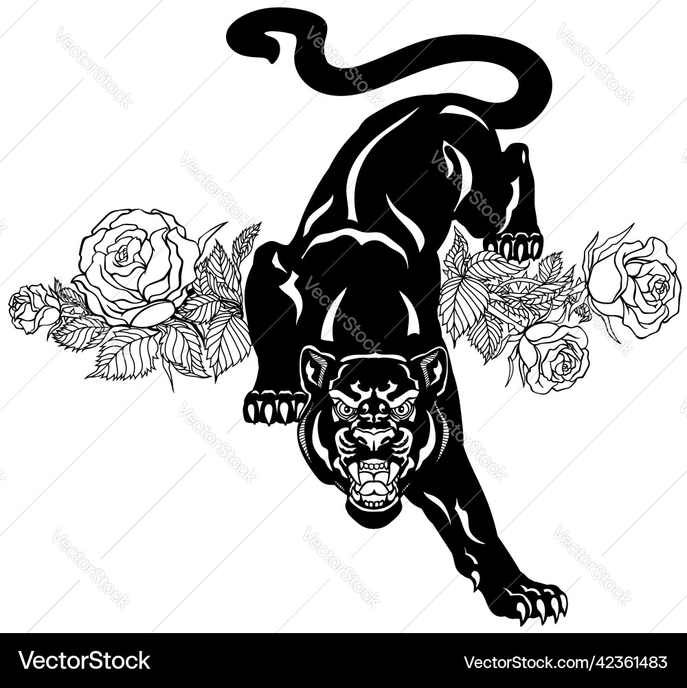 Roaring Panther und blühende Rosen schwarz Roaring Panther und blühende Rosen schwarz vektorbild