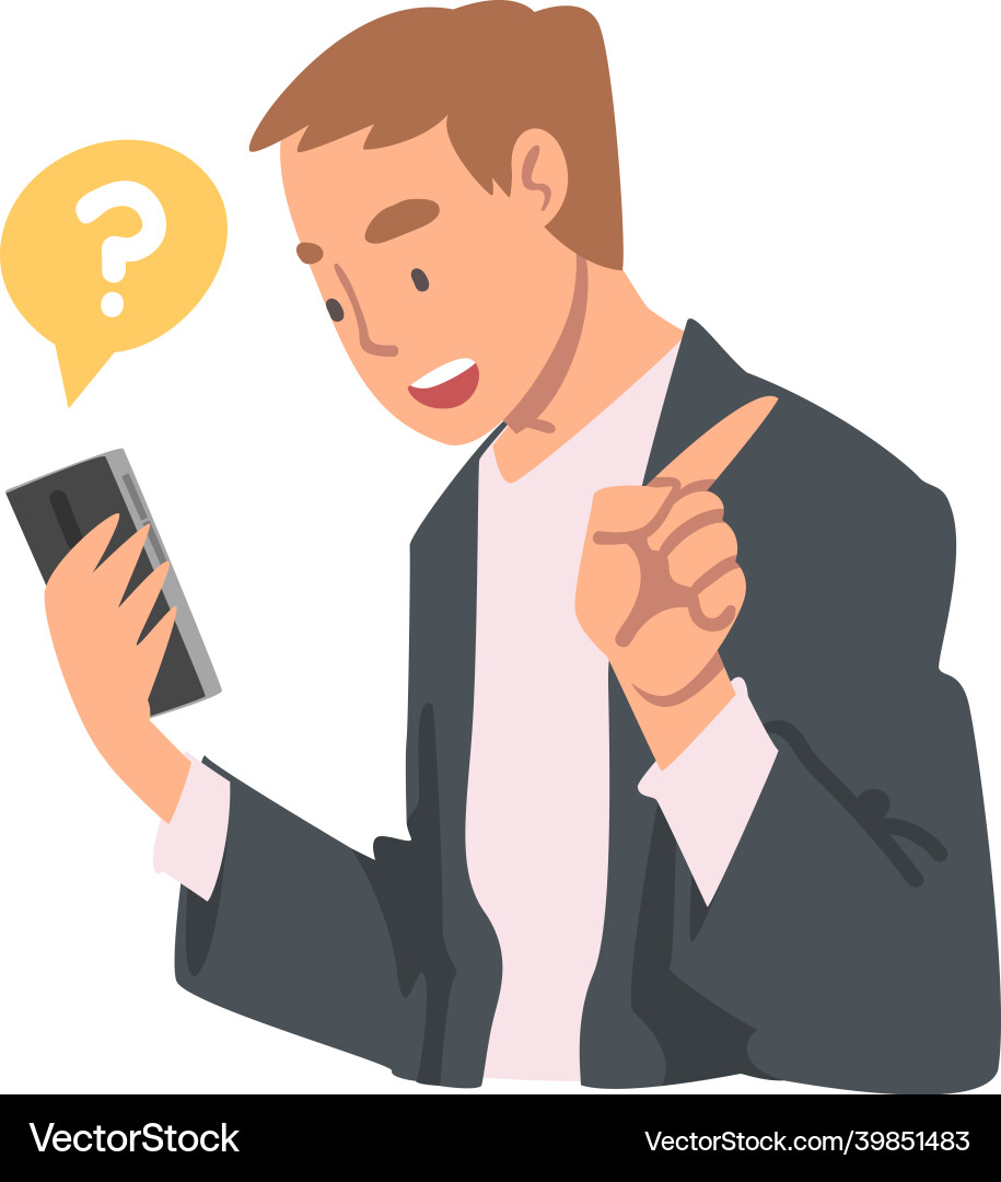Young man character asking question using internet Young man character asking question using internet vector image