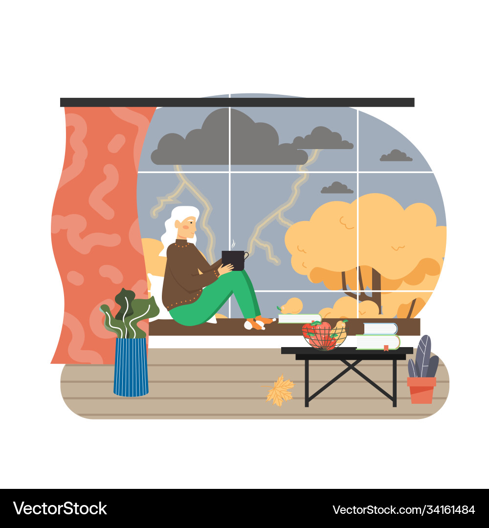 Herbstsaison Senior Frau sitzen Fenster Herbstsaison Senior Frau sitzen Fenster vektorbild