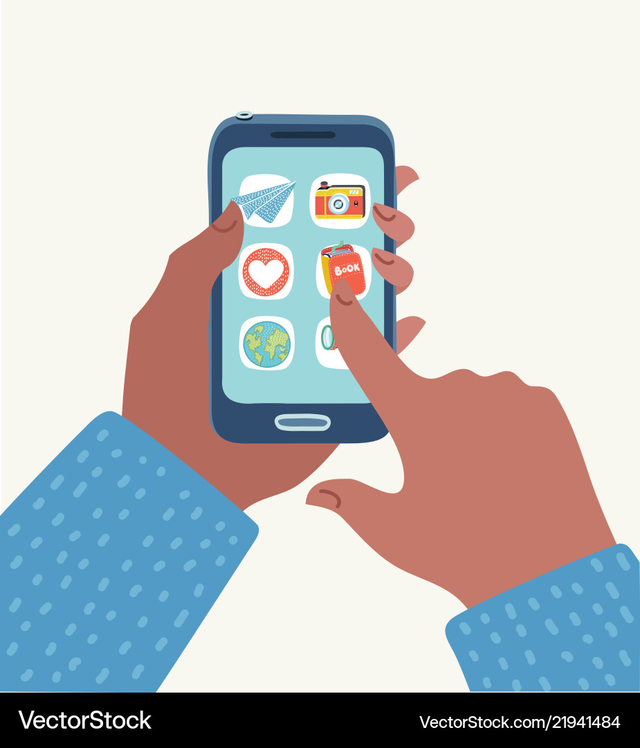 Man hold smartphone and push app icon Vector Image