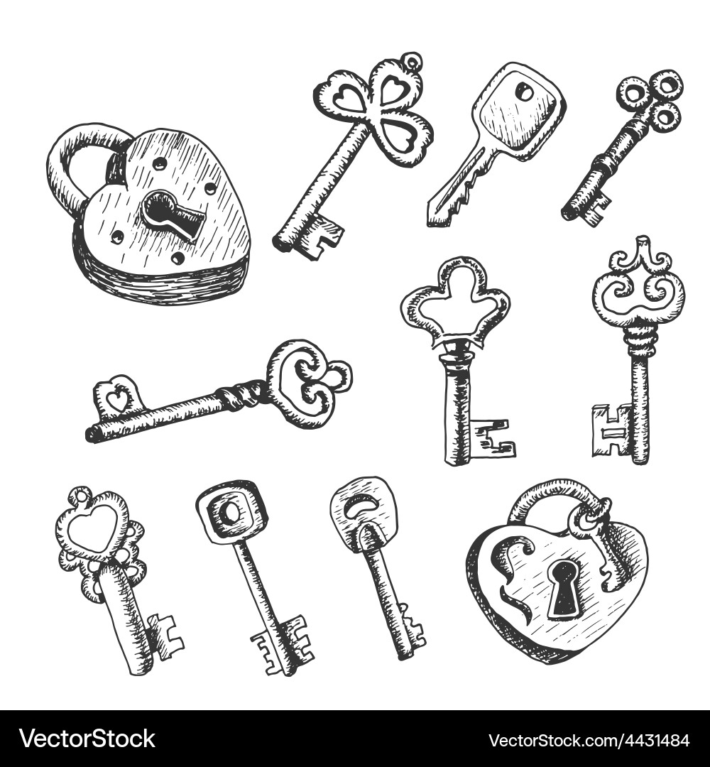 Set of isolated keys in sketch style vector image