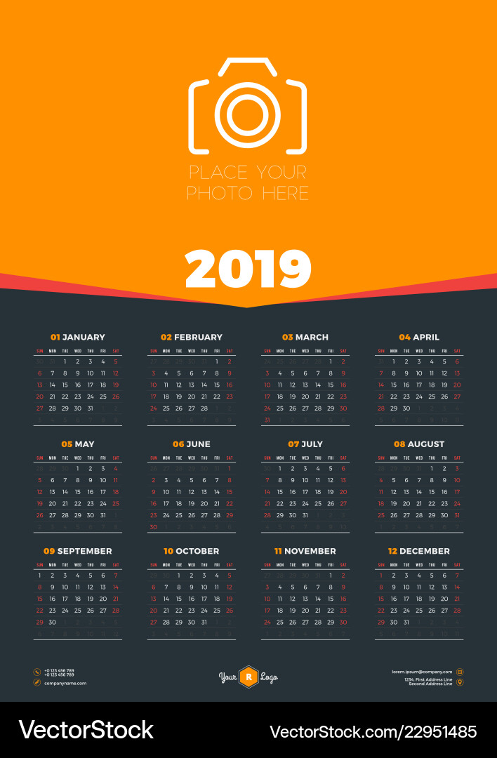 Calendar design template for 2019 year week Calendar design template for 2019 year week vector image
