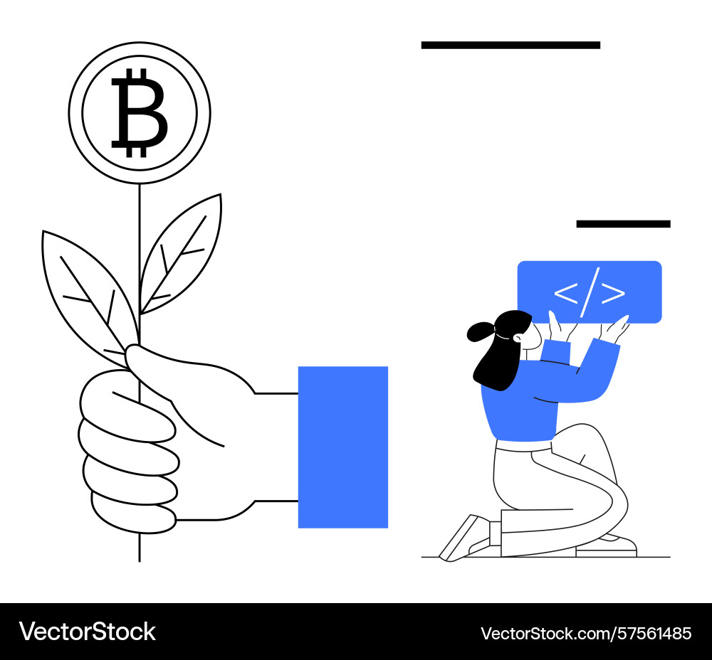 Hand holding bitcoin plant with coding developer Hand holding bitcoin plant with coding developer vector image