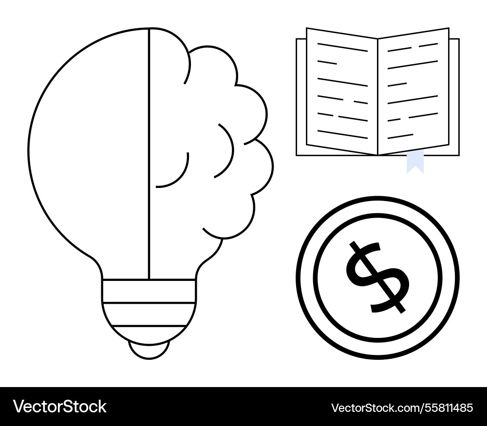 Lightbulb with brain open book and dollar coin Lightbulb with brain open book and dollar coin vector image