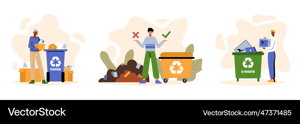 Set of people sorting garbage men collect paper vector image