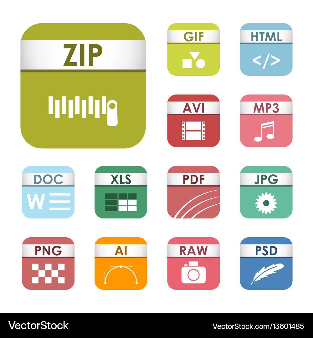 Simple square file types formats labels icon set Simple square file types formats labels icon set vector image