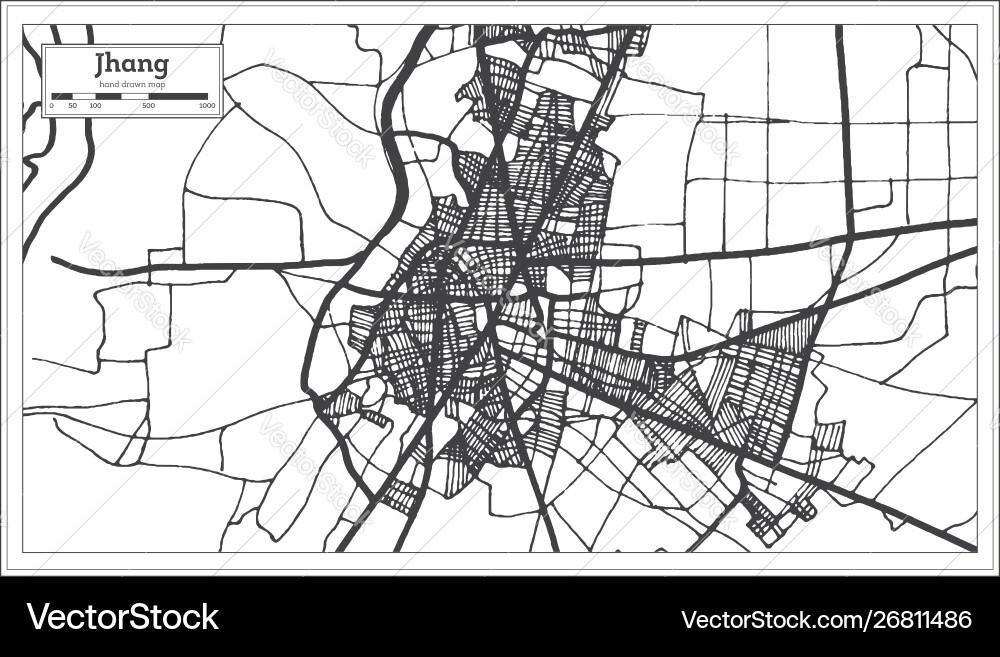 Jhang City Map - Black & White Outline Vector Image