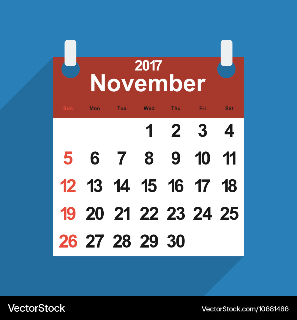 Leaf calendar 2017 with the month of november days