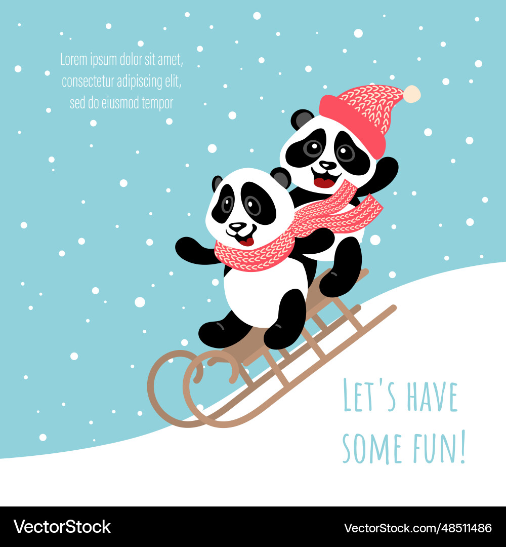 Two funny little pandas are sledding Vector Image