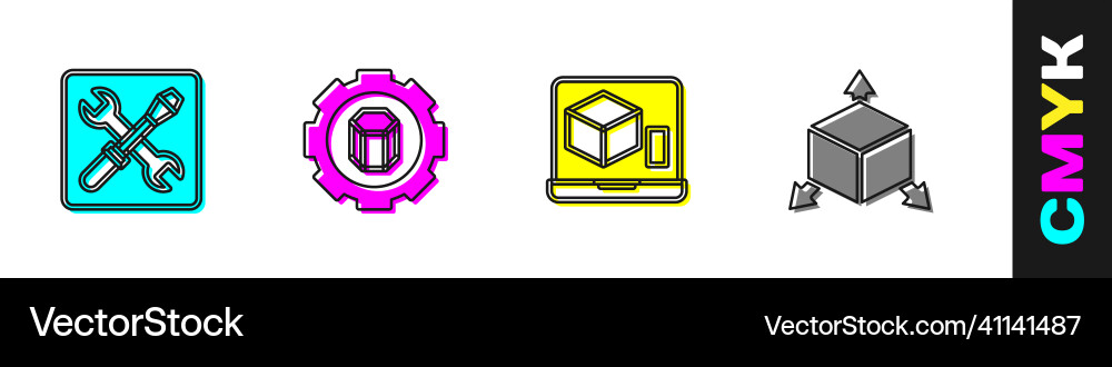 Set 3d printer setting and isometric cube icon Set 3d printer setting and isometric cube icon vector image