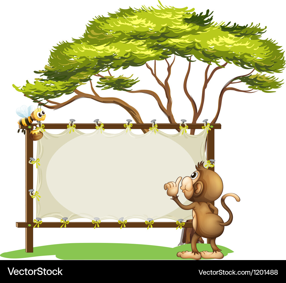 An empty signage with a monkey and bee Vector Image