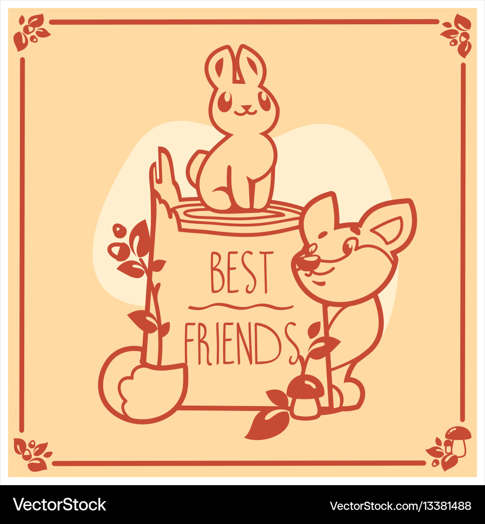 Greeting card with cute rabbit and fox vector image