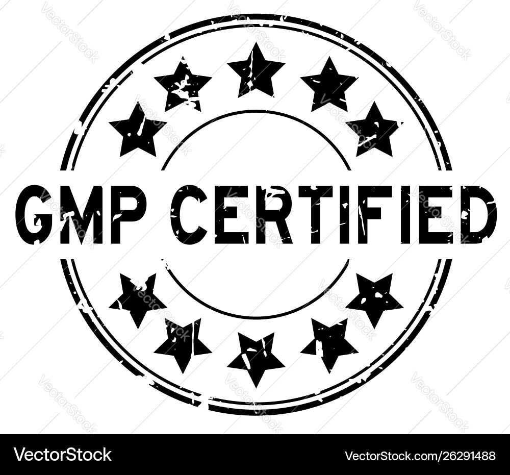 Grunge schwarz gmp zertifiziertes Wort mit Sternsymbol Vektorbild