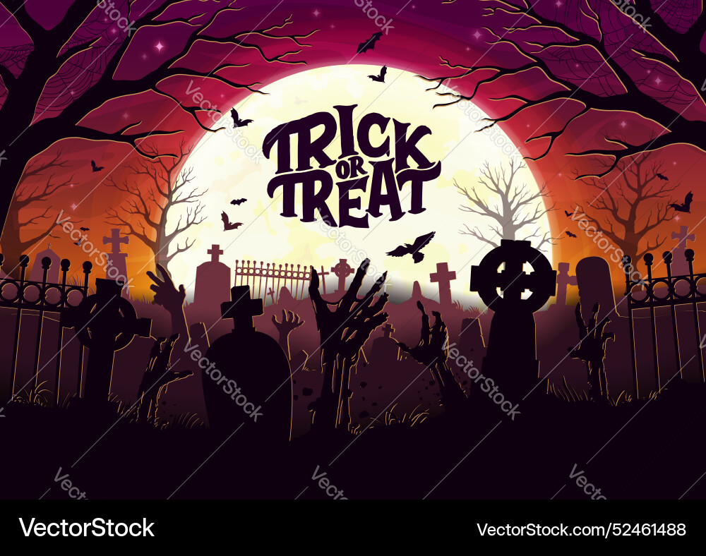 Halloween cemetery landscape with zombie hands Halloween cemetery landscape with zombie hands vector image