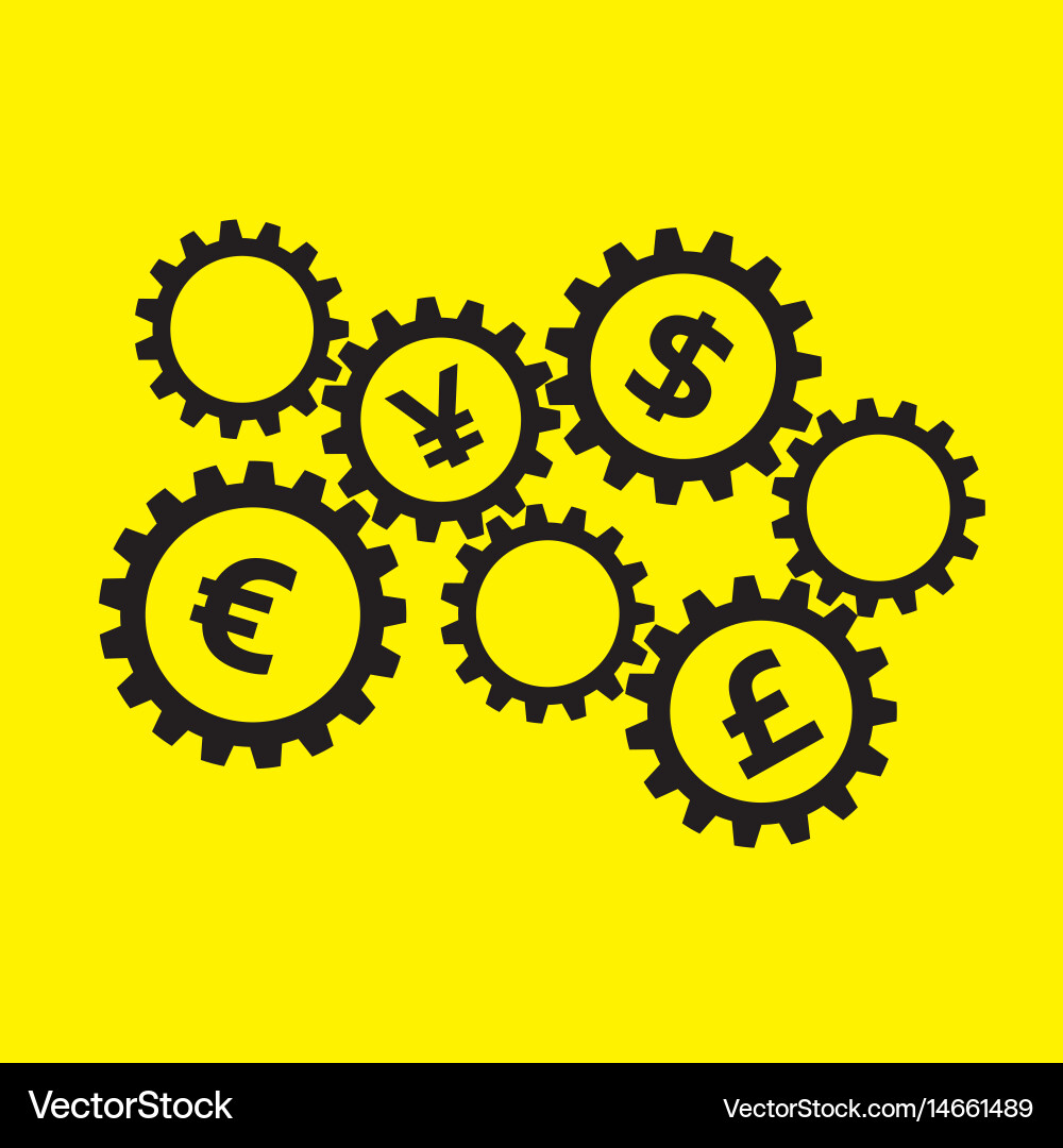 Rotating gears with currency symbols inside vector image
