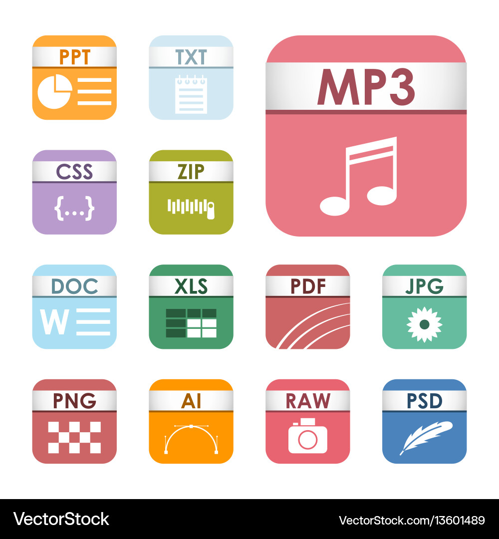 Simple square file types formats labels icon set vector image